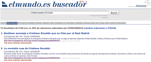 El Mundo search results with 18 tabs