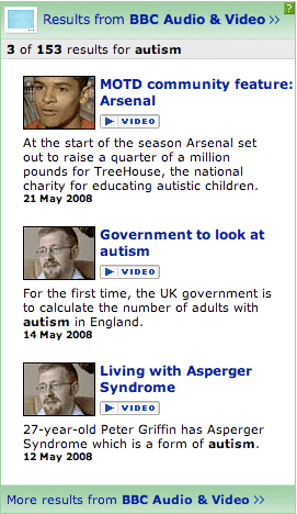 BBC A/V search results for 'autism'