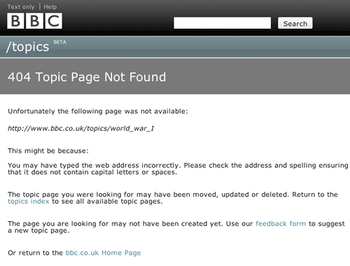 BBC Topics 404 page