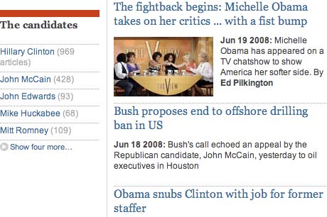 Guardian Obama coverage with links to other candidates