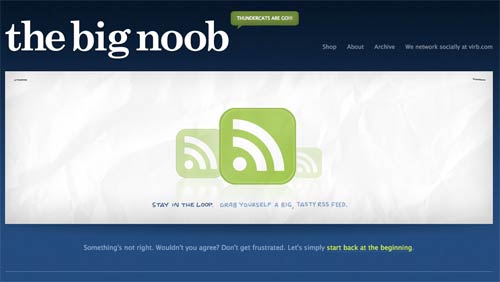 The Big Noob uses their 404 page to promote their RSS feed