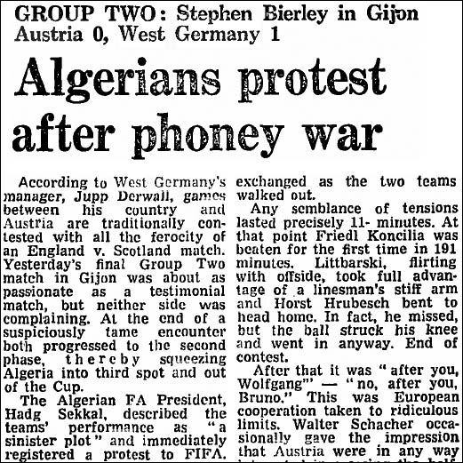 The Guardian reporting the West Germay - Austria stitch-up at the 1982 World Cup