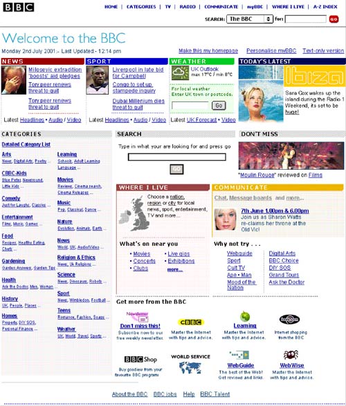 August 2001 BBC homepage mock-up