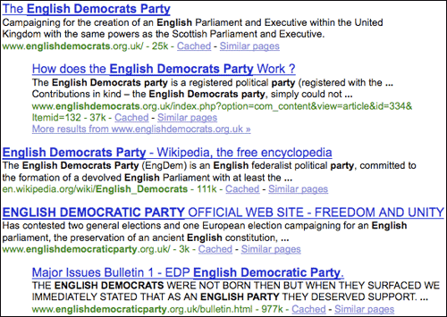 English Democrats Google search results