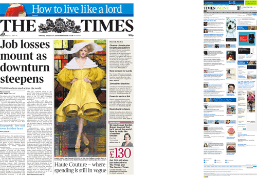 The Times homepage and front page comparison