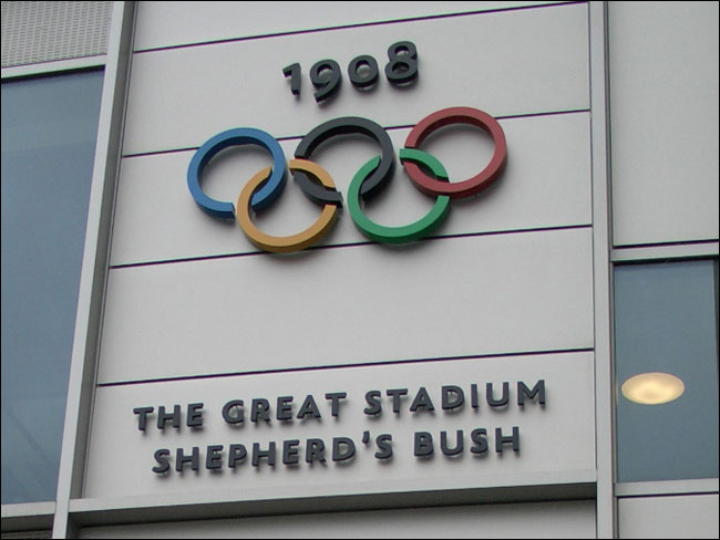 Olympic plaque on the side of one of the BBC's White City office