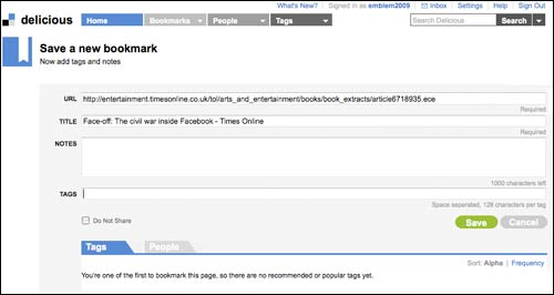 Delicious save bookmark page
