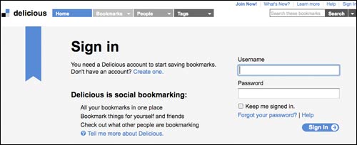 Delicious sign-in page