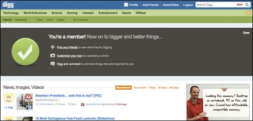 Digg homepage with 'welcome new user' banner