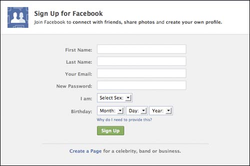 facebook sign up. Facebook sign-up page. Clicking 'register' takes you to the start of the 