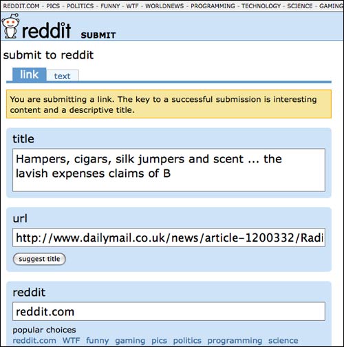 Reddit article submit page