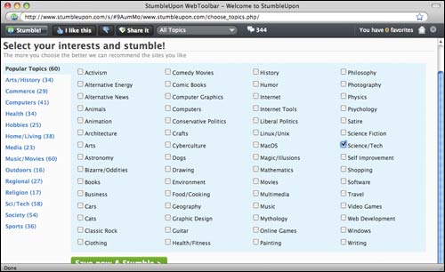 StumbleUpon interests selection