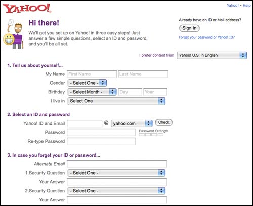 Yahoo! registration form