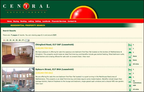 Central estate agent search results page