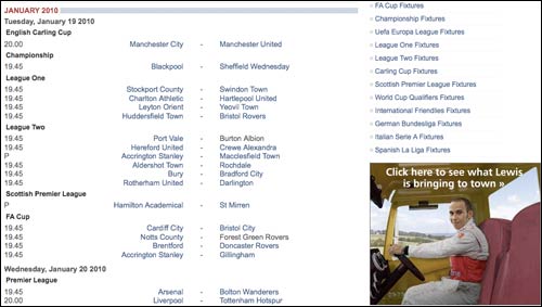 Football fixtures on The Telegraph's website