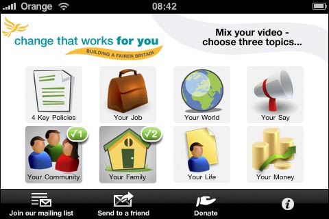 Liberal Democrat iPhone app menu