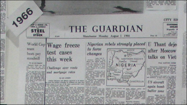 A map of Nigeria is on the Manchester Guardian's front page when England win the World Cup in 1966