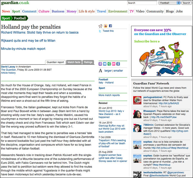 Euro2000 semi-final report in contemporary Guardian look and feel