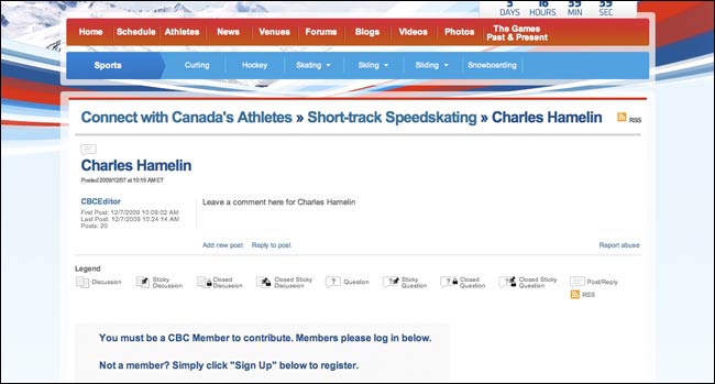 Athlete Connect function on CBC site