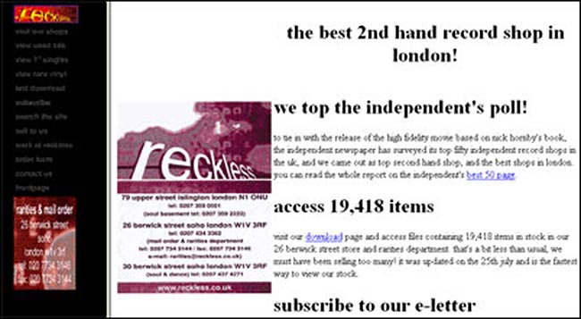 Reckless Records website from 1999
