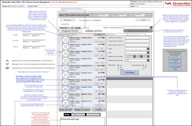 Sony Back Office wireframe