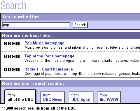 Screenshot of BBC Search results during the lilac years
