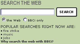 BBCi homepage, showing the top three recent search trends