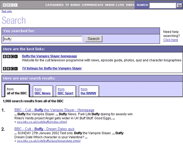 BBC Search results page from 2002