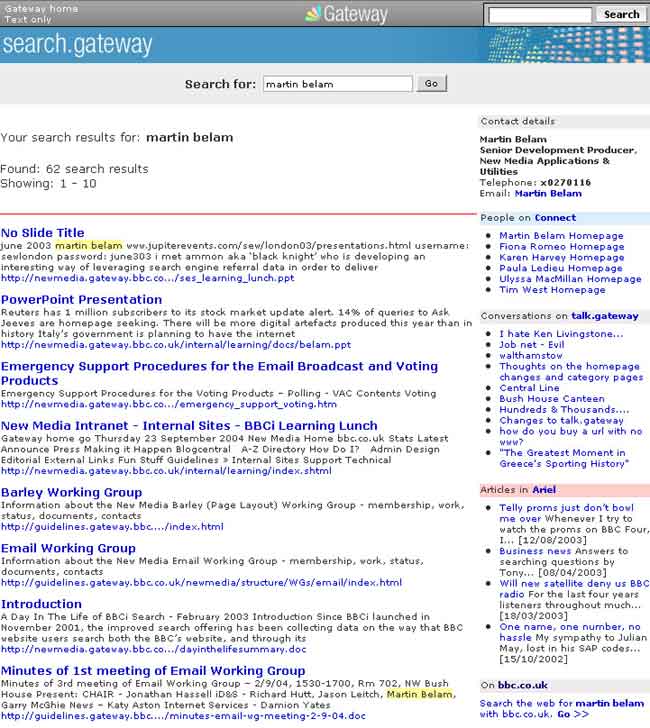Search results page on the BBC's Gateway Intranet, showing data simultaneously pulled from different information sources