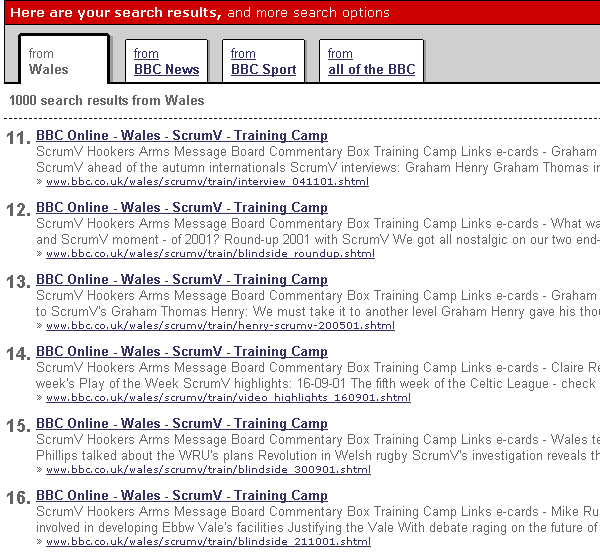 Search results from BBC Wales illustrating the problem when all documents have the same titles and description