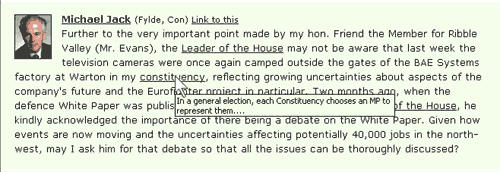 Example of a glossary definition embedded in the text of a speech from Parliament displayed on TheyWorkForYou.com