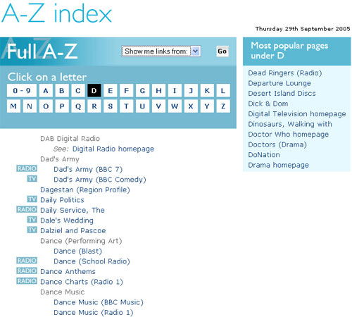 The 'D' page of the BBC's A-Z Index