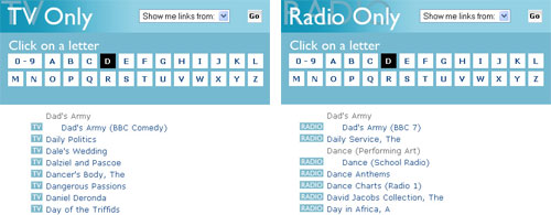 The 'D' page TV and Radio subsets of the BBC's A-Z Index