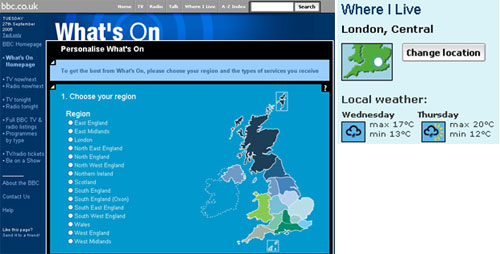 Personalisation options on the BBC website