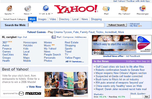 Yahoo! homepage with subtle promo for the Uk and Ireland service