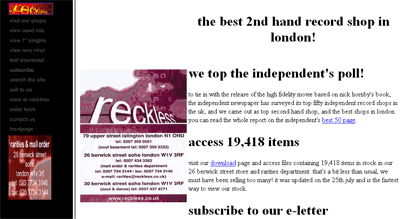 Reckless website circa 1999