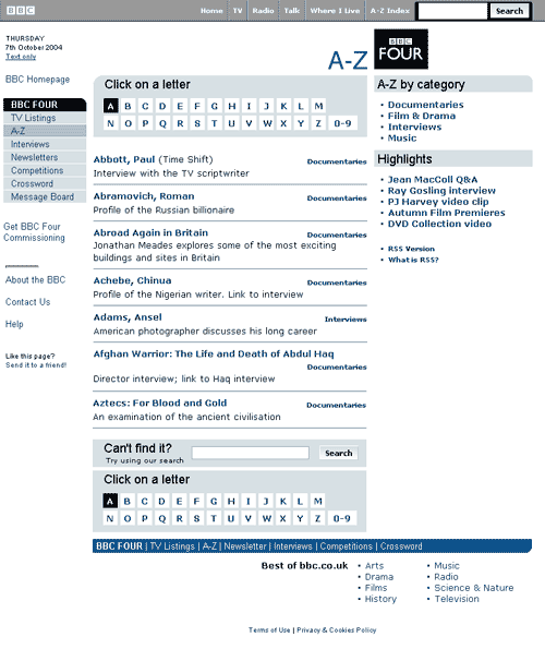 BBC Four A-Z 'A' page