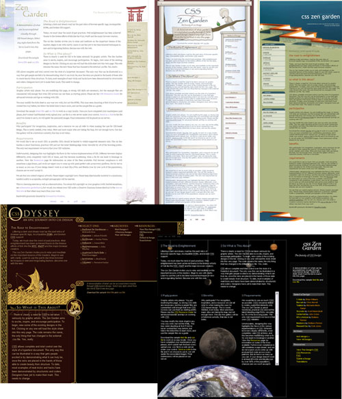 Screenshots of different CSS Zen Garden visual treatments