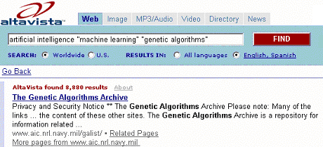 Screenshot of AltaVista results from Daniel E Rose's paper