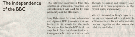 A scan of the header of the advert placed in The Daily Telegraph by BBC Staff