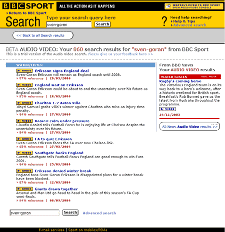 The Audio Video results are presented with icons to signify the type of media, with the right-hand panel inviting the user to switch from a Sport search to a News search