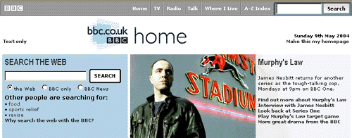 Murphy's Law promo on the bbc.co.uk homepage, showing Walthamstow Stadium in the background