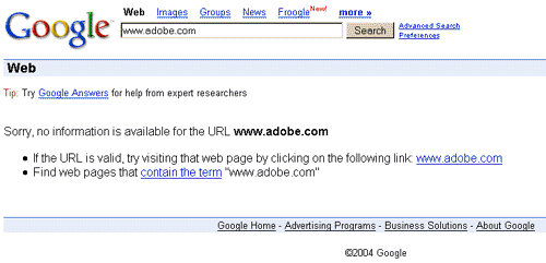 Screenshot showing Google unable to retreive any information about www.adobe.com
