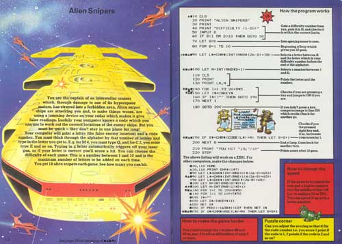 A two-page spread from "The Beginner's Computer Handbook - Understanding & Programming The Micro" with the code for the game "Alien Snipers"
