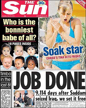 The Sun Front Page - 29th June 2004 - Job Done