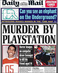 Front cover of the Daily Mail carrying the story 'Murder By Playstation'