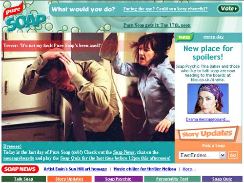 Pure Soap homepage this morning showing a scene of domestic violence with the caption Trevor: It's not my fault Pure Soap's been axed