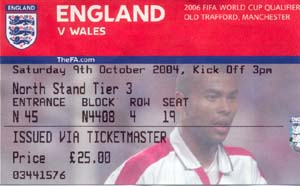 Scan of a ticket for the England - Wales match at Old Trafford
