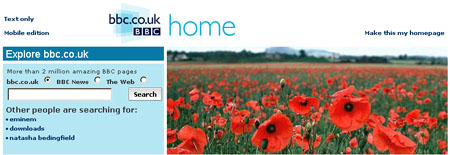 bbc.co.uk homepage promo featuring a field of poppies for Remembrance Sunday
