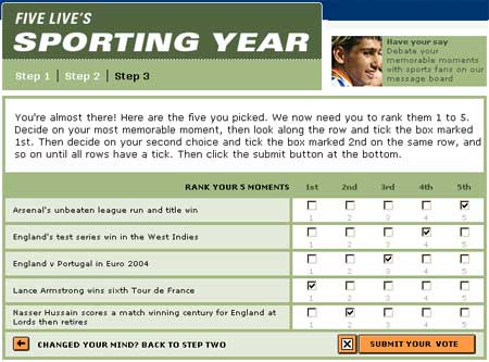 The rating matrix presented to the user as they submit their vote for BBC Radio Five Live's Sporting Year